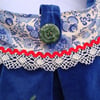 SALE Small Blue  Velvet Shoulder Bag - Appliqued Apples and Pears - lace trim .