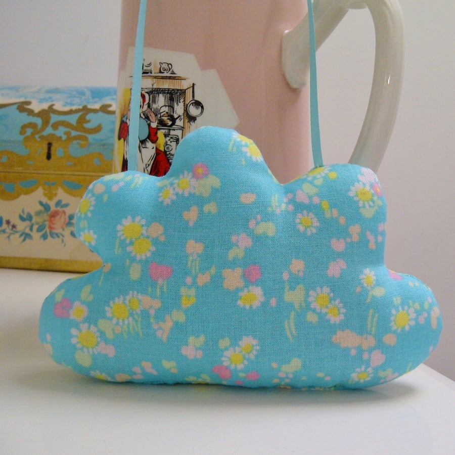 Cloud Lavender Sachet in Pretty Daisies Turquoise Fabric, Hanging Scented Decor