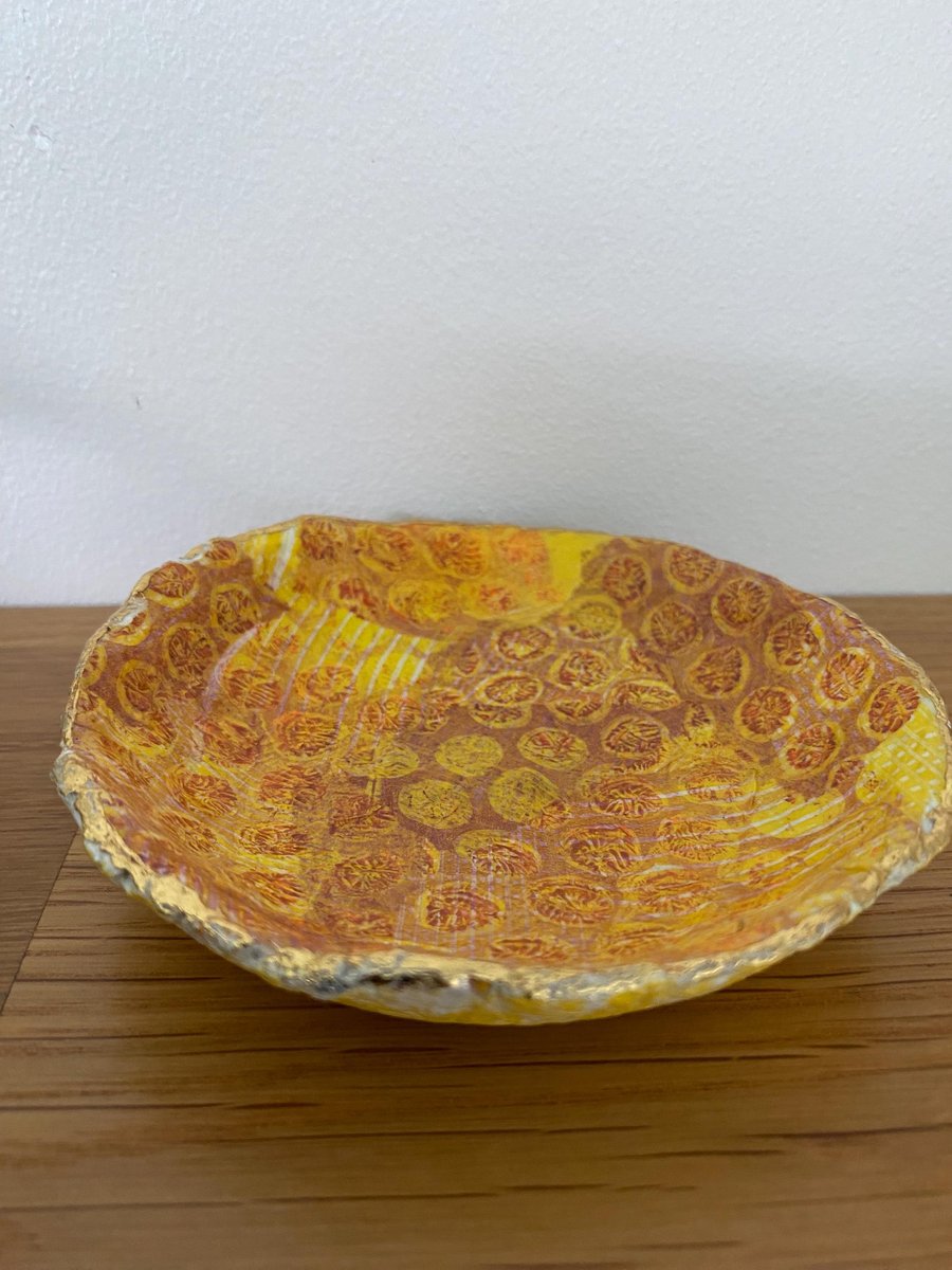 Yellow Decoupage Paper Mache Bowl: Boho Trinket Dish