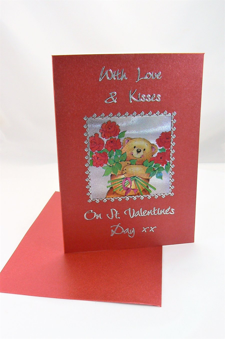 Valentine's card  (Bear & roses) With Love & Kisses on St Valentines Day xx