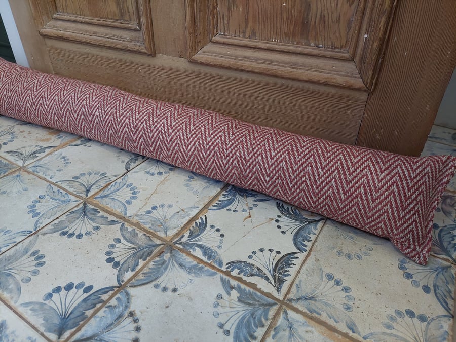 Draught excluder Ruby red herringbone fabric weighted extra long