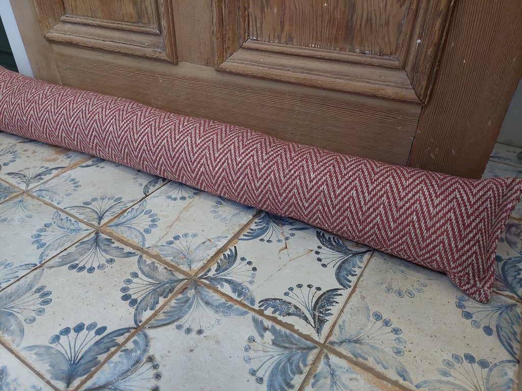 Draught excluder Ruby red herringbone fabric weighted extra long