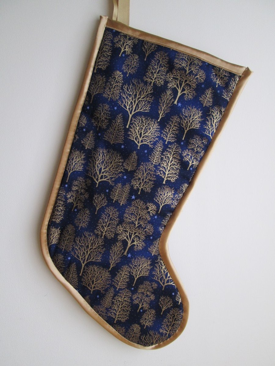 SALE - Gold Trees on Blue Christmas Stocking