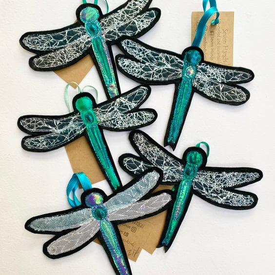 Dragonfly Christmas home decoration, up-cycled embroidered fabric. 