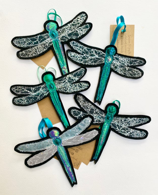 Dragonfly Christmas home decoration, up-cycled embroidered fabric. 