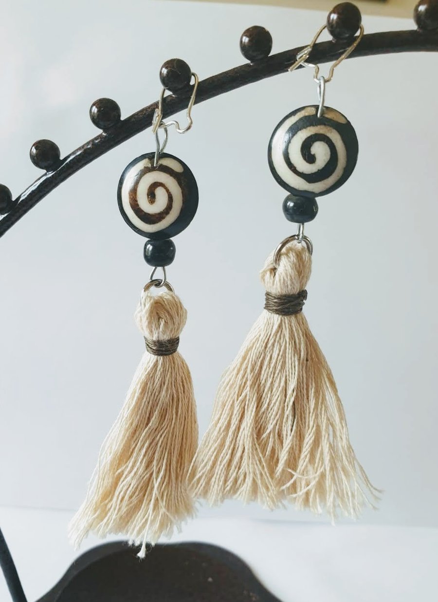   Wood bead & Tassel Earrings