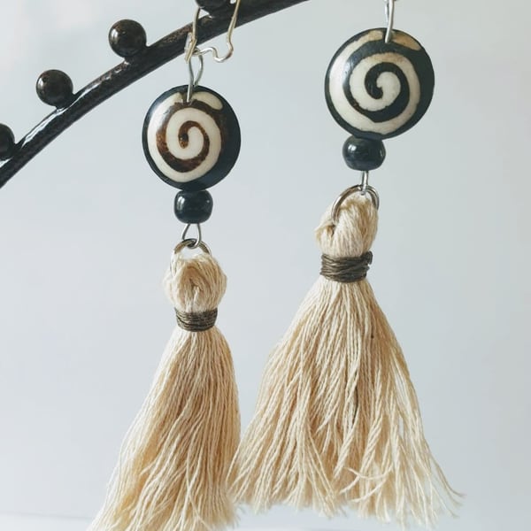   Wood bead & Tassel Earrings