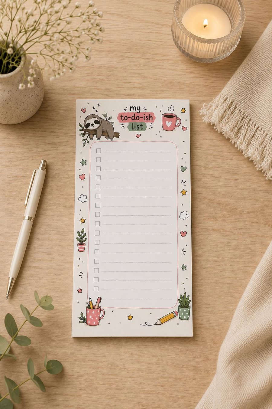 Sloth To-Do List Notepad - Desk Planner, Shopping List (Optional Magnet)