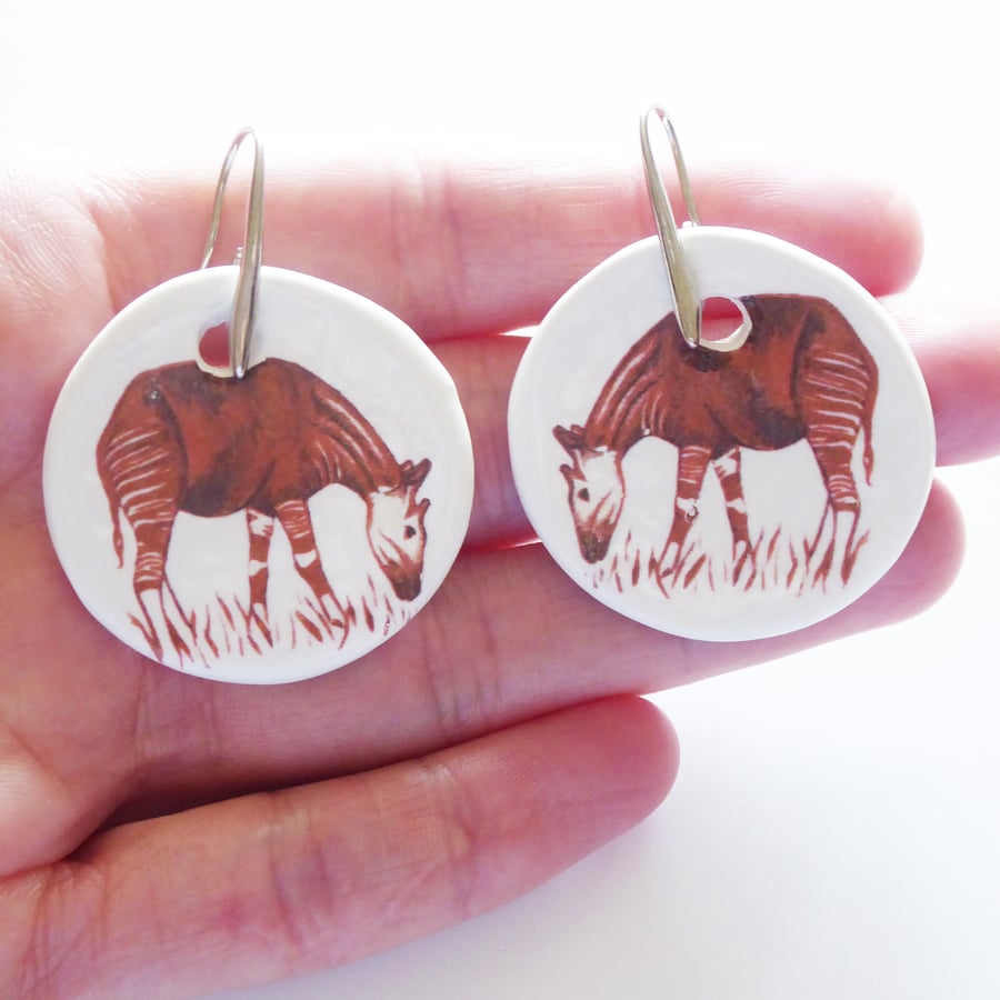 Handmade Okapi Ceramic Earrings with Silver Coloured Ear Wires
