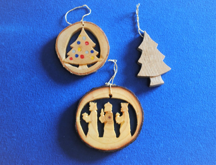 Wooden Christmas Tree Decorations - Set of 3