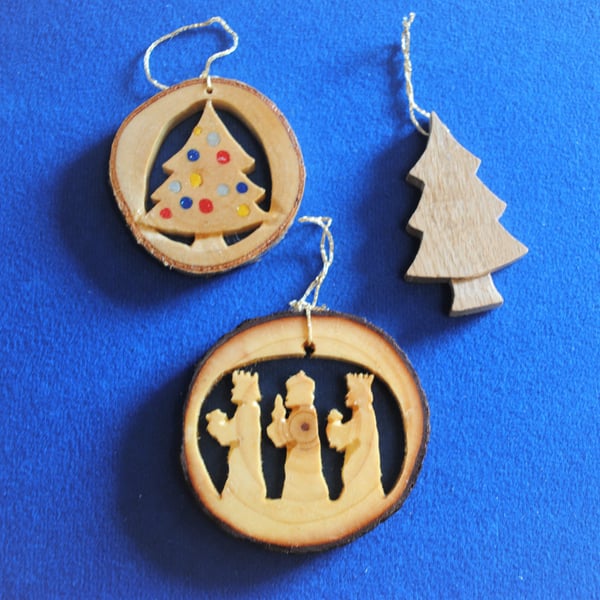 Wooden Christmas Tree Decorations - Set of 3
