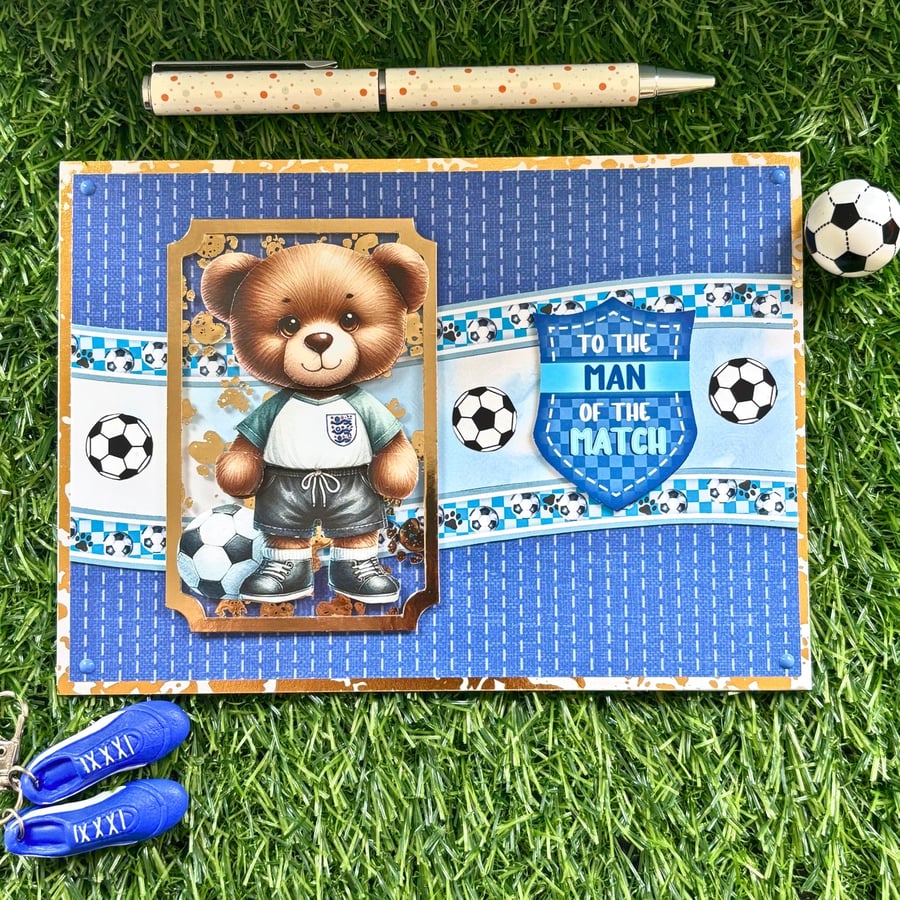 Football Themed Birthday Card With Teddy Bear "To The Man Of The Match"