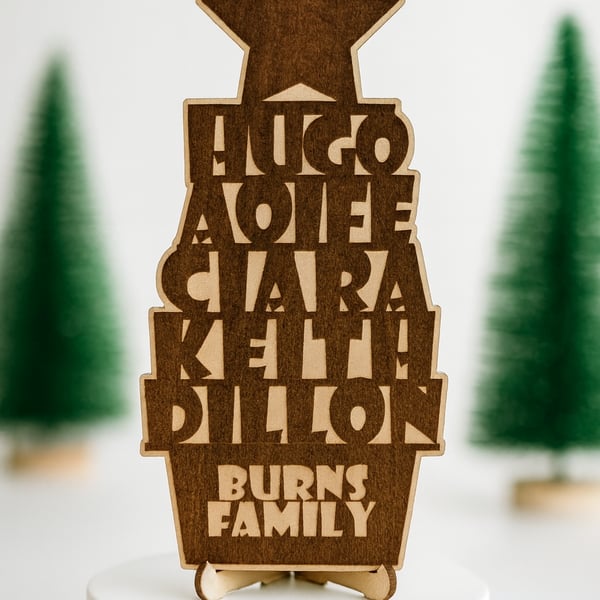 Family tree personalised table decoration with stand.