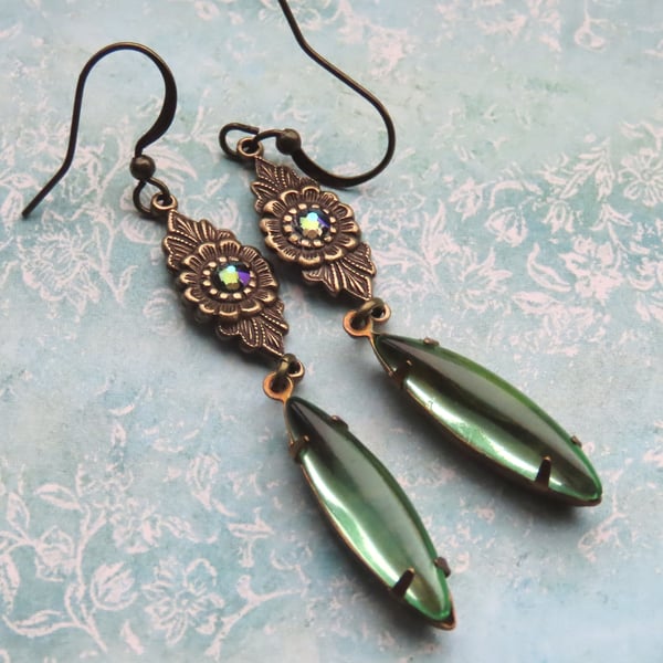 Green Crystal Antique Vintage Style Navette Dangle Earrings