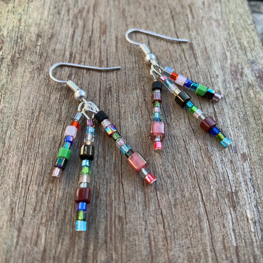 Multi coloured glass bead dangle earrings