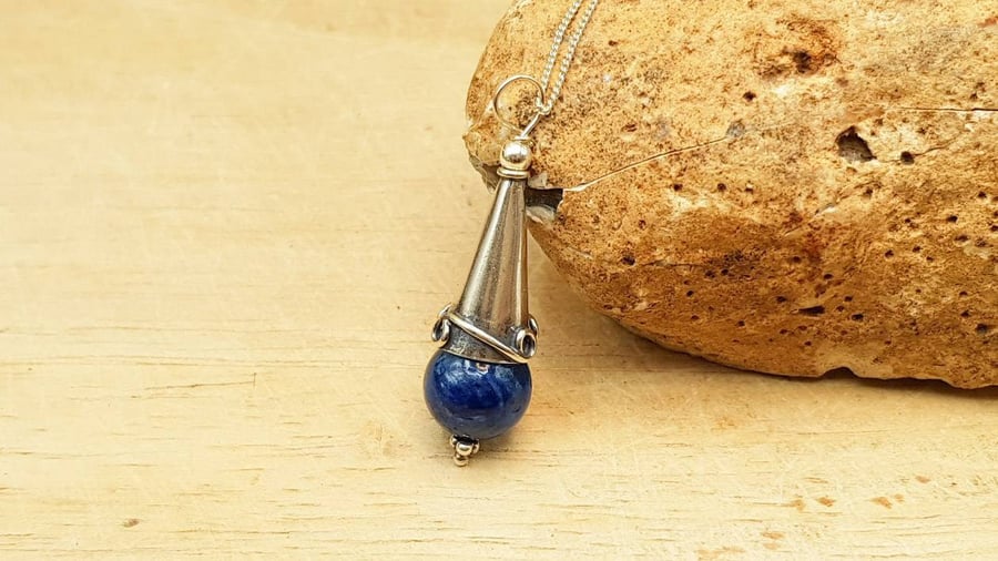Long Blue Kyanite cone pendant necklace. Reiki jewelry