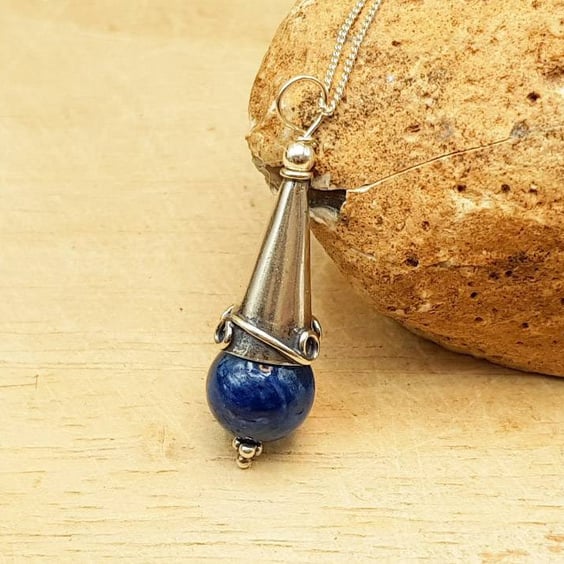 Long Blue Kyanite cone pendant necklace. Reiki jewelry