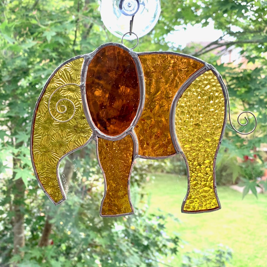 Stained Glass Large Elephant Suncatcher - Handmade Hanging Decoration - Amber