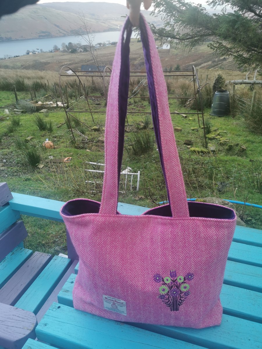 Large Harris Tweed Shopper Bag with embroidered flowers 