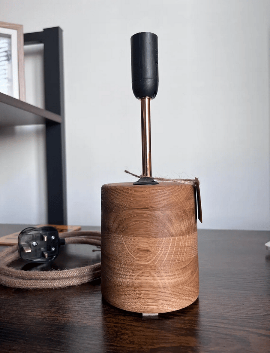 Handmade Turned Oak Bedside Table Lamp – Modern Natural Wood