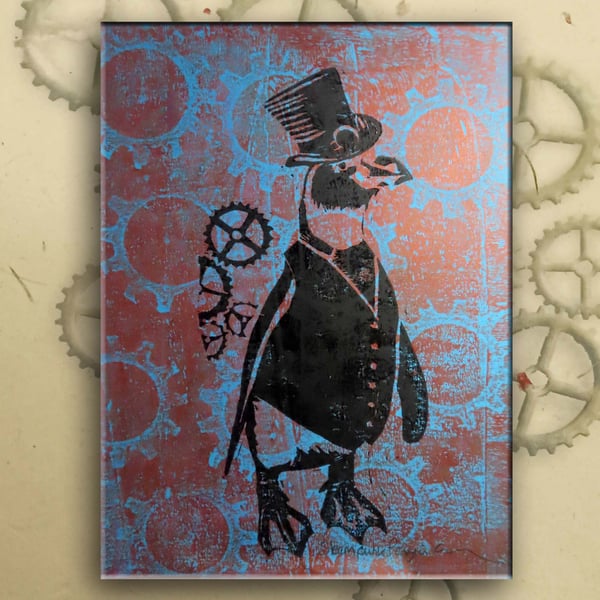 Steampunk Penguin One off Hand-Pulled Linocut & Gelli Print 