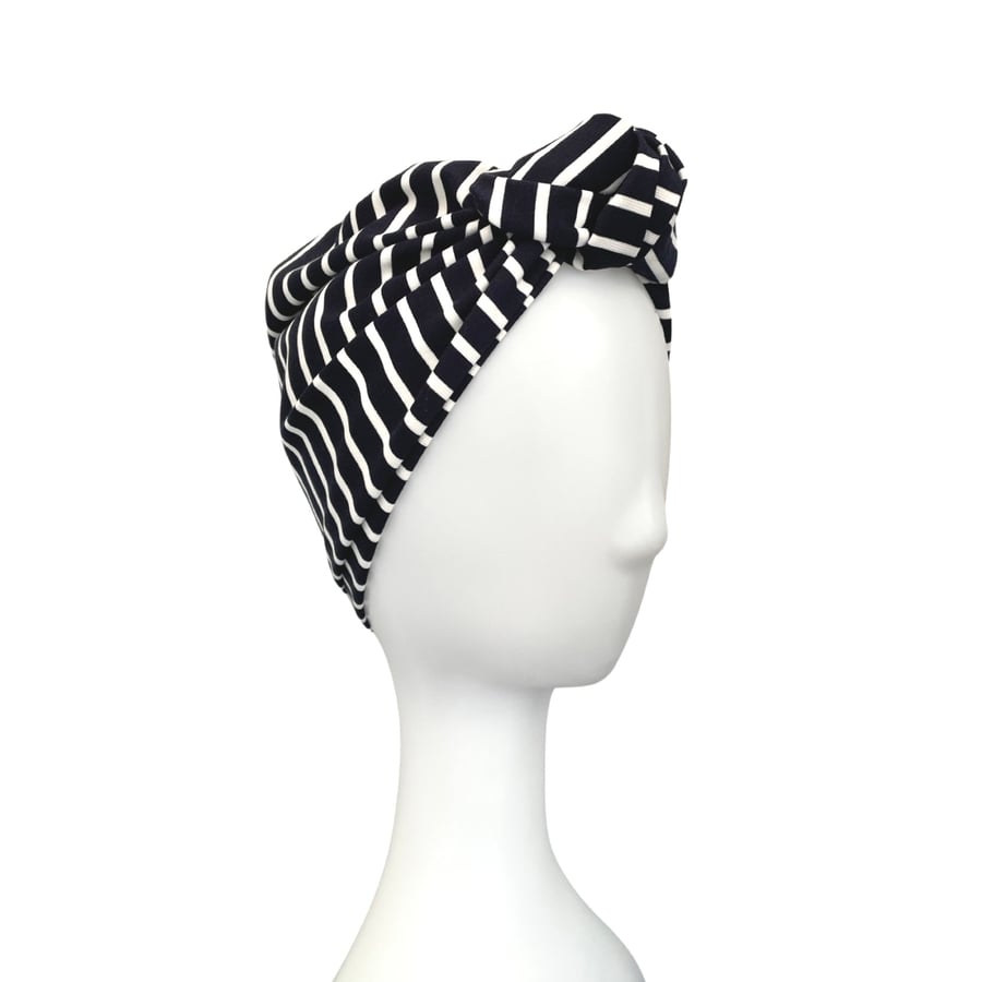 Top Knot Women's Navy Alopecia Head Wrap Turban, Striped Turban Hat for Women
