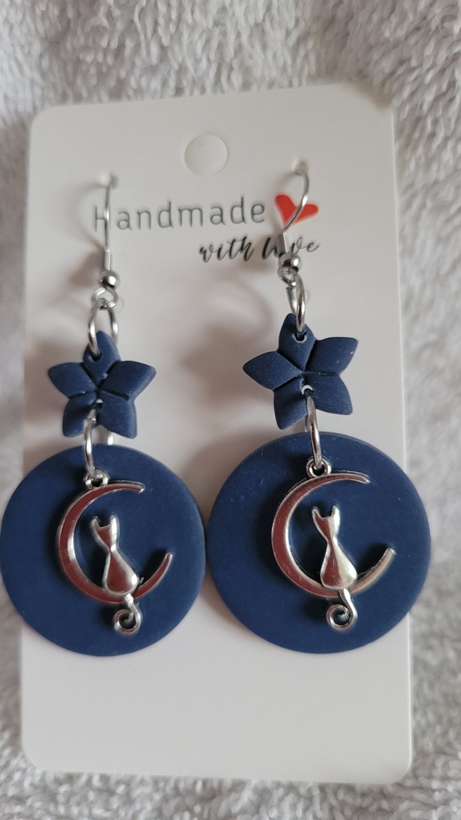 Handmade Polymer Clay Cat on the Moon Blue Earrings, 316 Stainless Steel