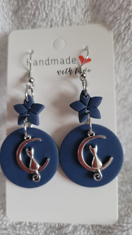Handmade Polymer Clay Cat on the Moon Blue Earrings, 316 Stainless Steel