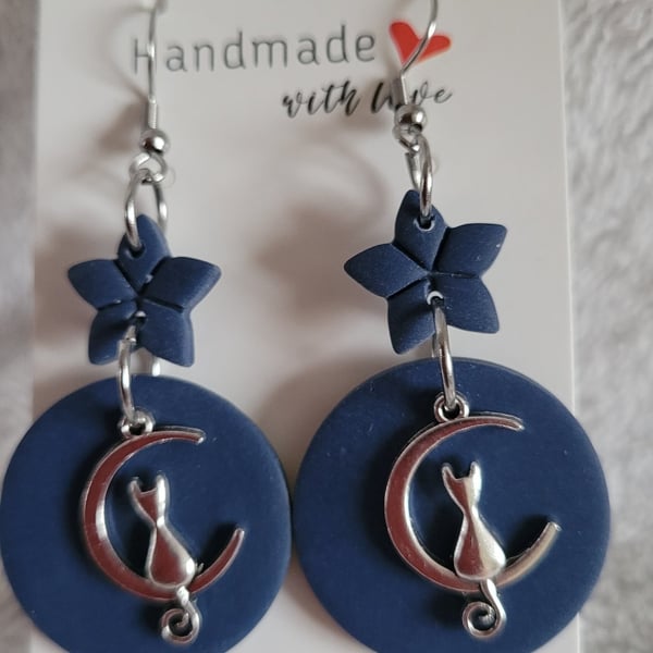 Handmade Polymer Clay Cat on the Moon Blue Earrings, 316 Stainless Steel