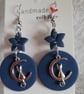 Handmade Polymer Clay Cat on the Moon Blue Earrings, 316 Stainless Steel - Image 1