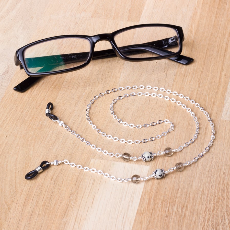 Glasses chain - Dalmatian jasper gemstone and grey bead sunglasses eyewear chain