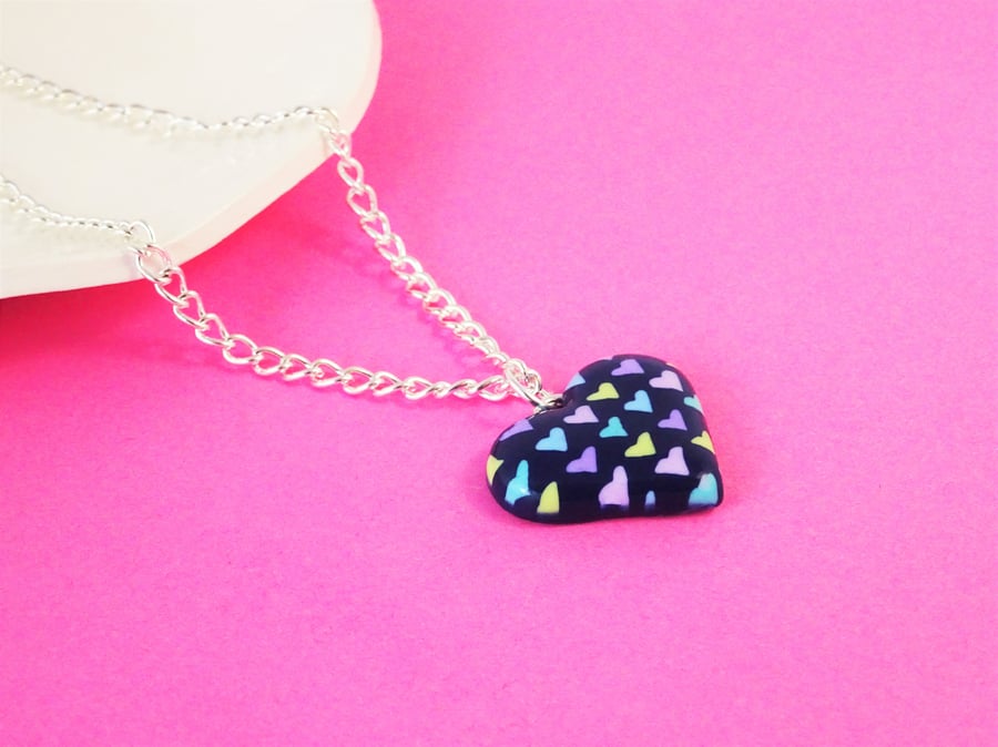 Navy blue heart pendant necklace, Fun heart necklace