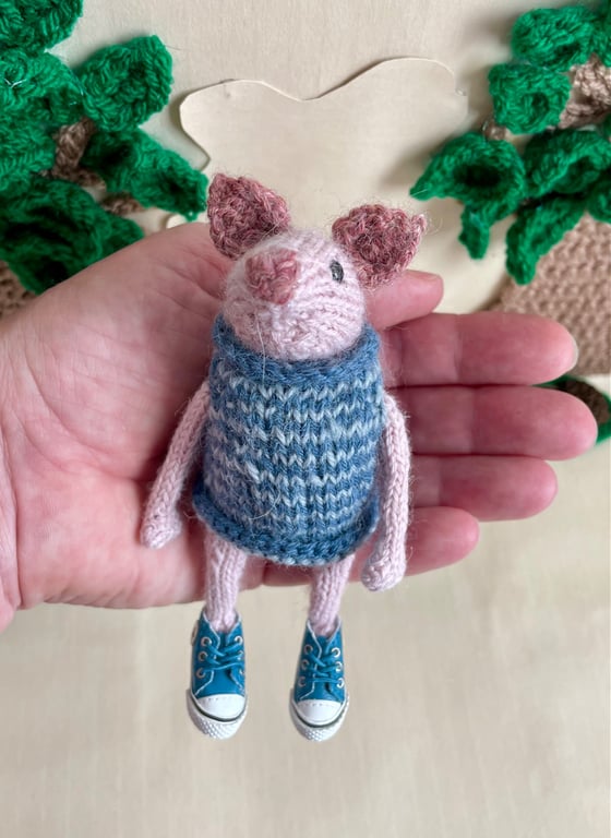 Miniature Pig Ornament, Ernie the Poseable Pink Piglet Decoration in Striped Top