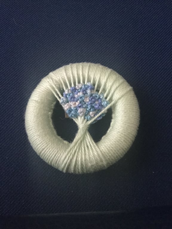 Vintage Style Dorset Button Posy Brooch, Pale Green with Blue Flowers