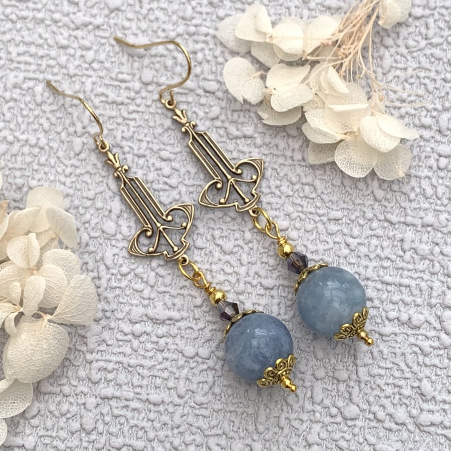Aquamarine Gemstone and Gold Vintage Style Drop Earrings