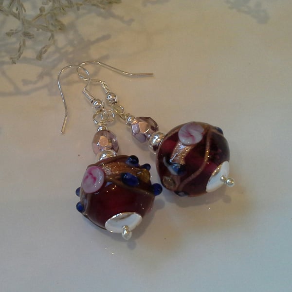 Hand Blown Lampwork & Crystal Bead Earrings Silver Plated