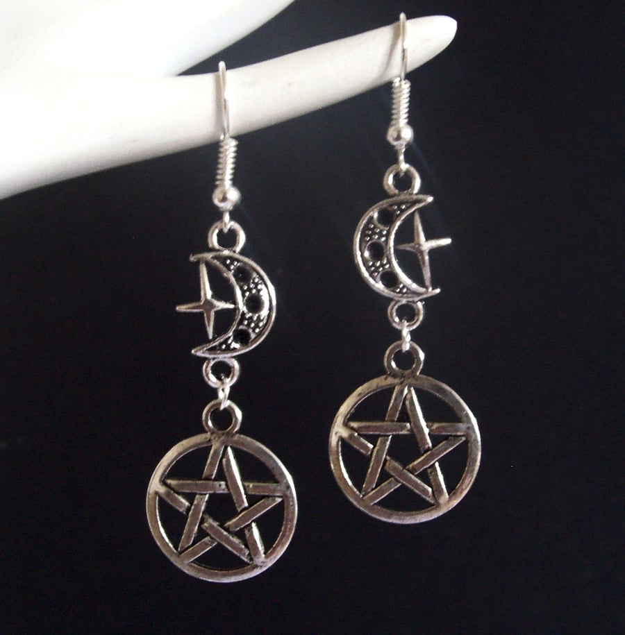 Silver Plate Moon Pentagram Pentacle Drop Dangle Earrings