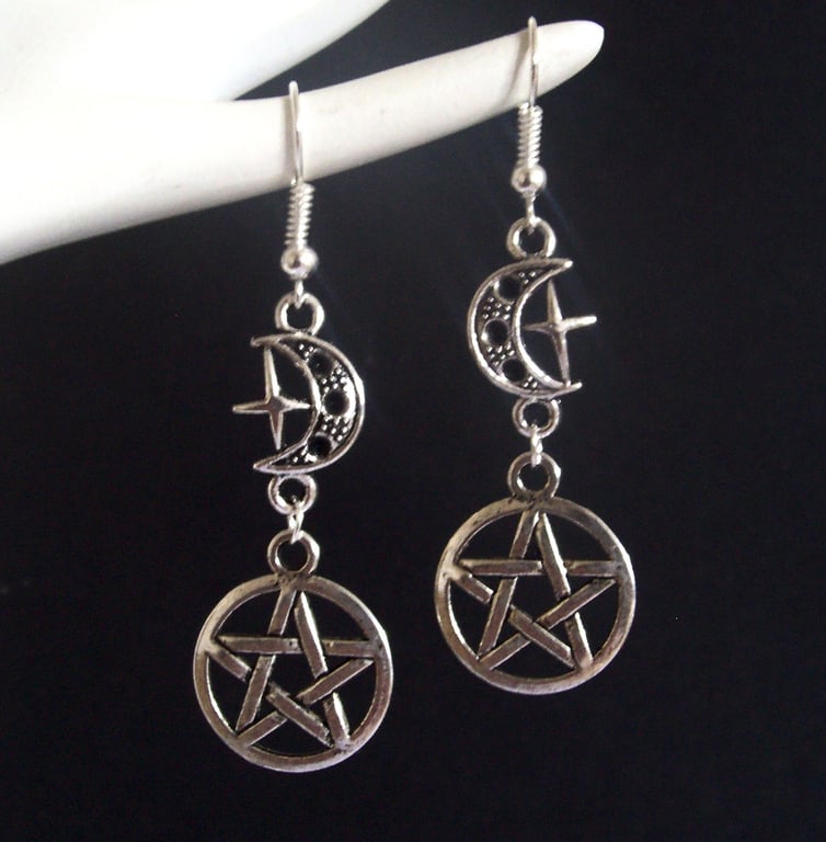 Silver Plate Moon Pentagram Pentacle Drop Dangle Earrings
