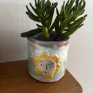 Ceramic stoneware planter or pen pot with face