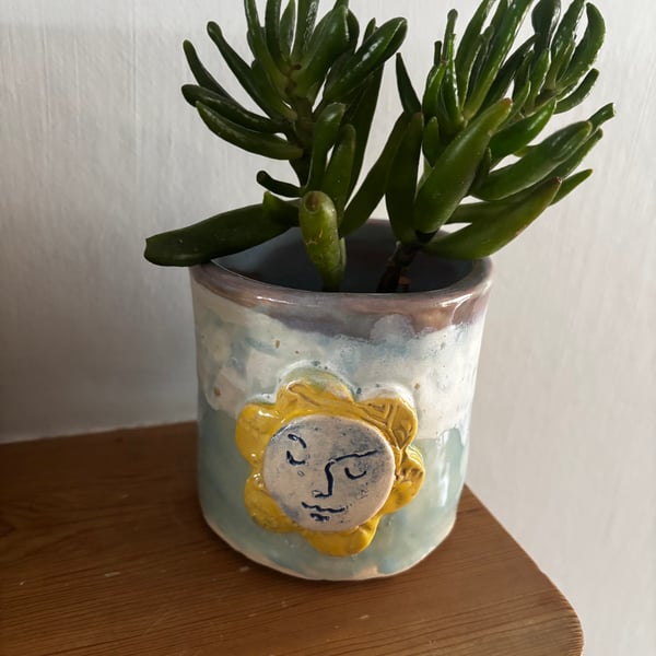 Ceramic stoneware planter or pen pot with face