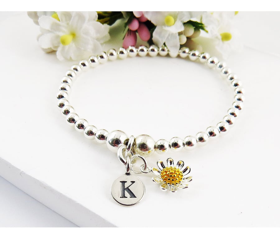 925 Sterling Silver Personalised Daisy Initial Charm Bracelet