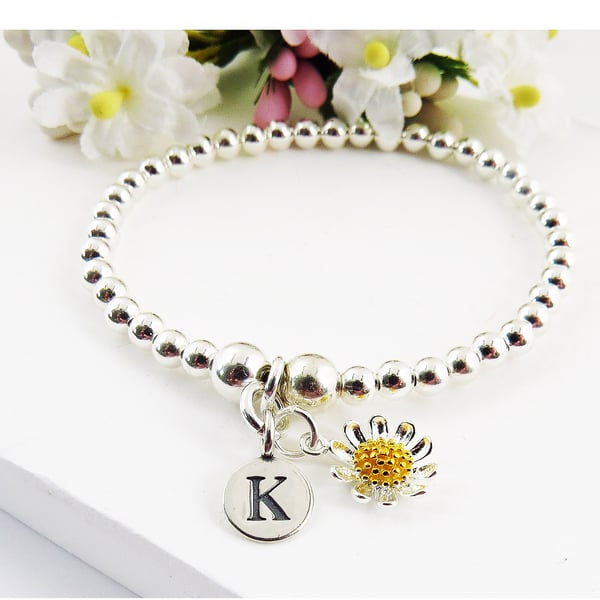 925 Sterling Silver Personalised Daisy Initial Charm Bracelet