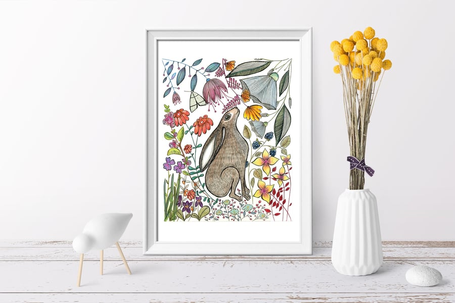 Hare wall art, Hares, Woodland animal print,A4 Art Print,Home Decor