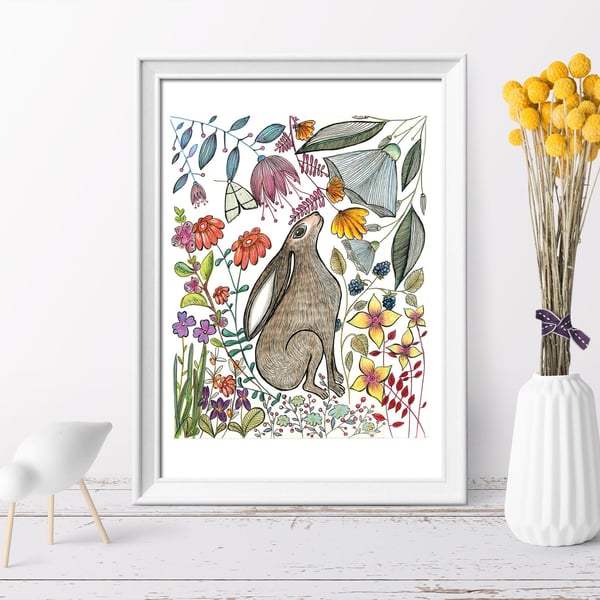 Hare wall art, Hares, Woodland animal print,A4 Art Print,Home Decor