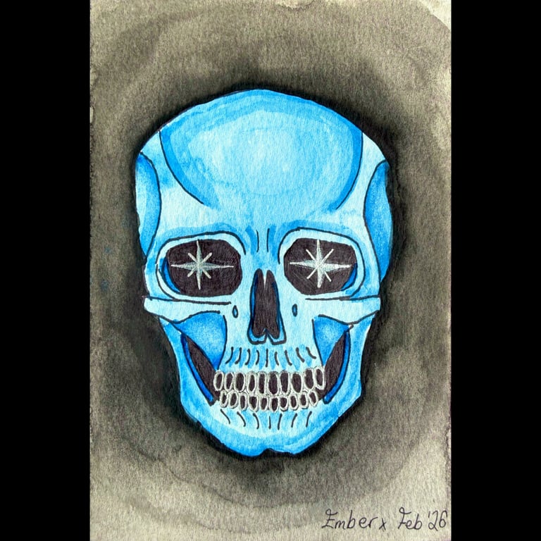 Electric Blue Skull – Original Gothic Watercolour Painting – Sold Unframed