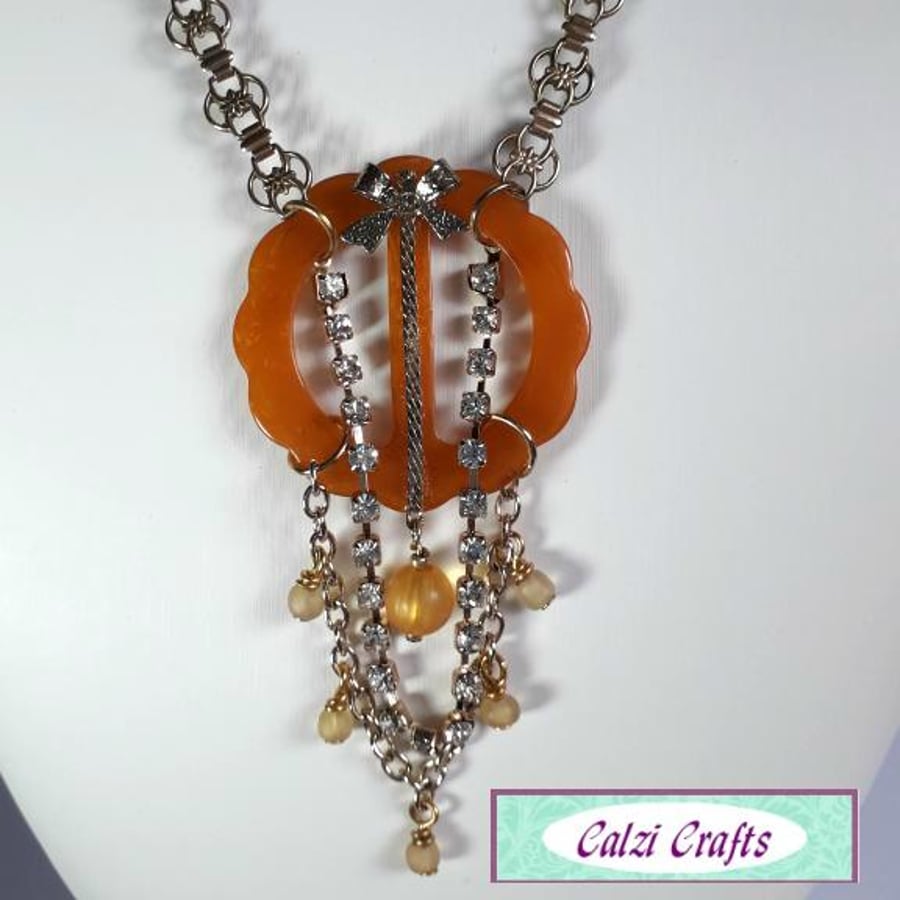 Upcycled Orange Vintage Buckle Necklace