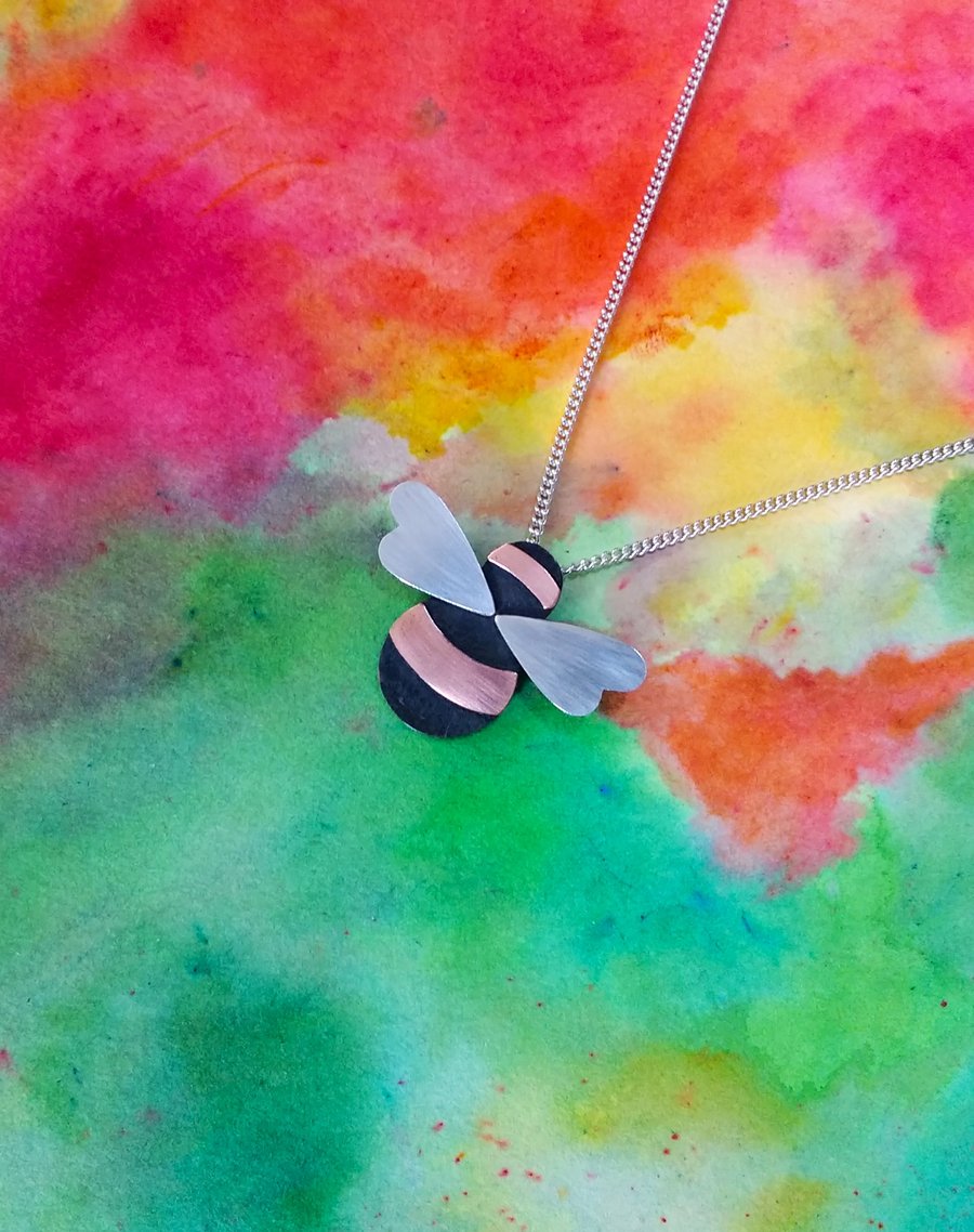 Bumble Bee Pendant, Ox Copper, Copper Stripes & Silver Wings, Silver Chain