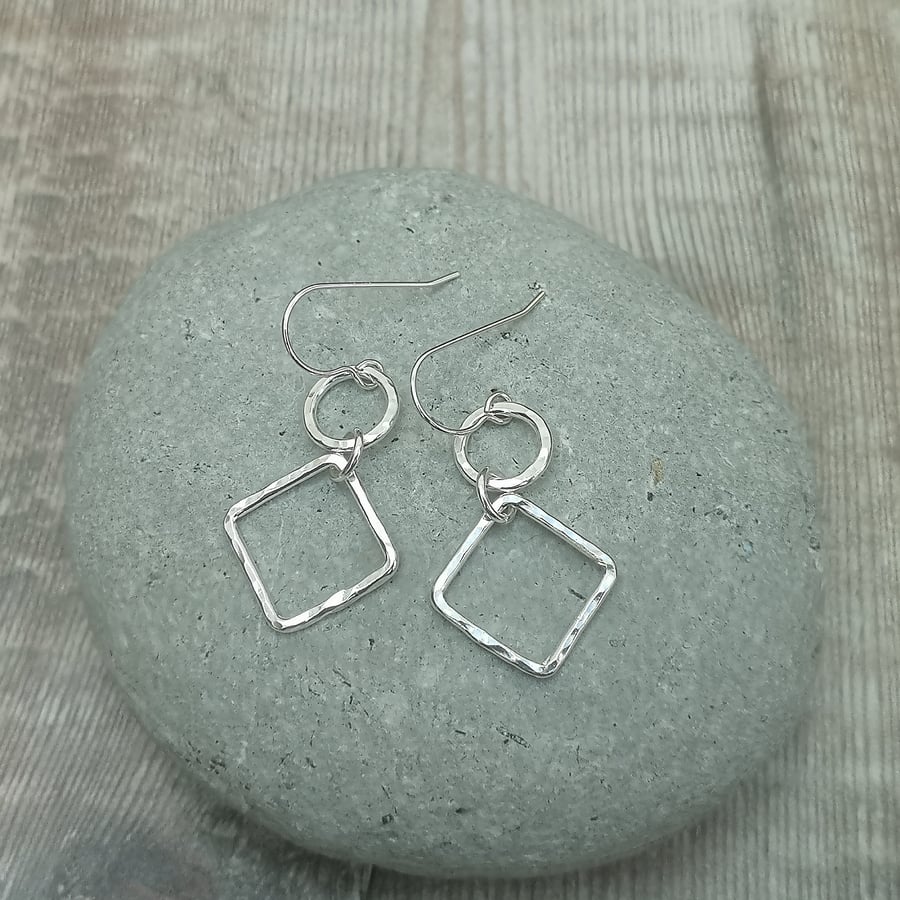 Sterling Silver Square and Circle Earrings, Geometric, Link, Drop - SILV106