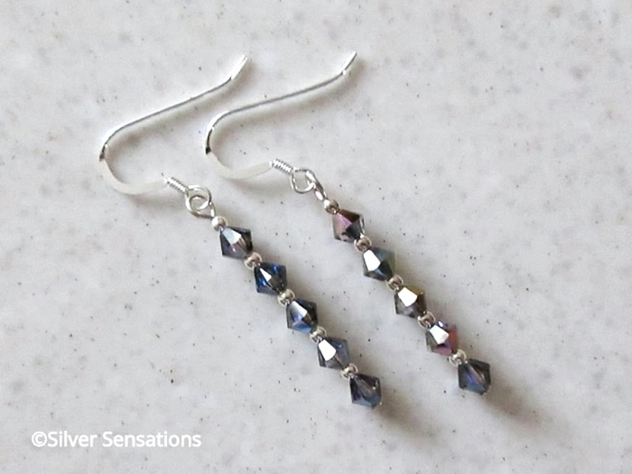 Swarovski Dark Rainbow Sparkly Crystals & Sterling Silver Slim Drop Earrings