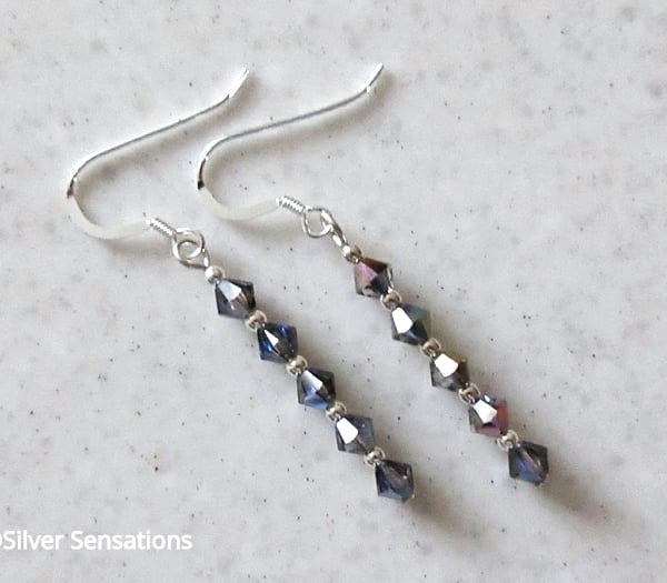 Swarovski Dark Rainbow Sparkly Crystals & Sterling Silver Slim Drop Earrings